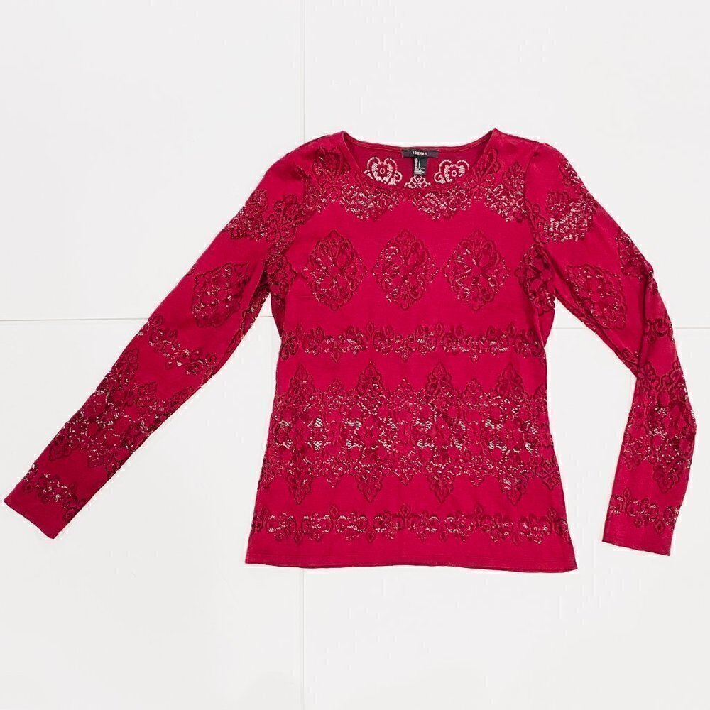 Forever 21 Cranberry Long Sleeve Cut Out Lace Top - Picture 2 of 5